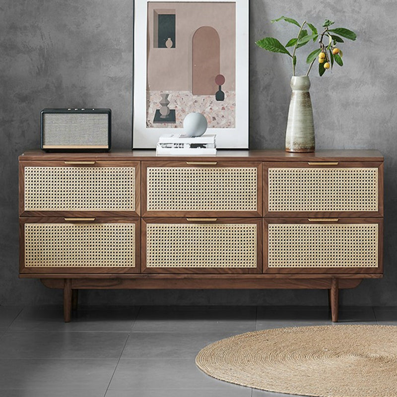 Traditional Horizontal Double Dresser Wood Storage 6 Drawers Dresser for Bedroom