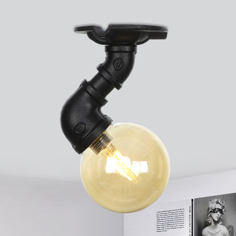 1-Light Ball Semi Flush Mount Light Vintage Black Finish Amber Glass Ceiling Lamp Fixture