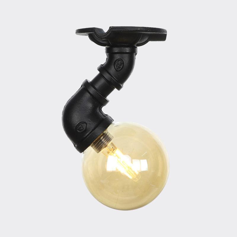 1-Light Ball Semi Flush Mount Light Vintage Black Finish Amber Glass Ceiling Lamp Fixture