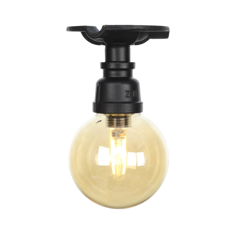Global Amber Glass Semi Flush Light Fixture Industrial 1 Head Foyer Ceiling Mounted Lamp in Black