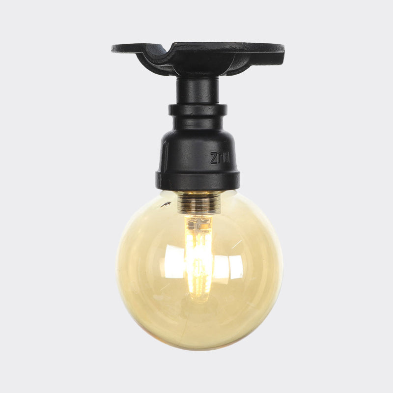 Global Amber Glass Semi Flush Light Fixture Industrial 1 Head Foyer Ceiling Mounted Lamp in Black