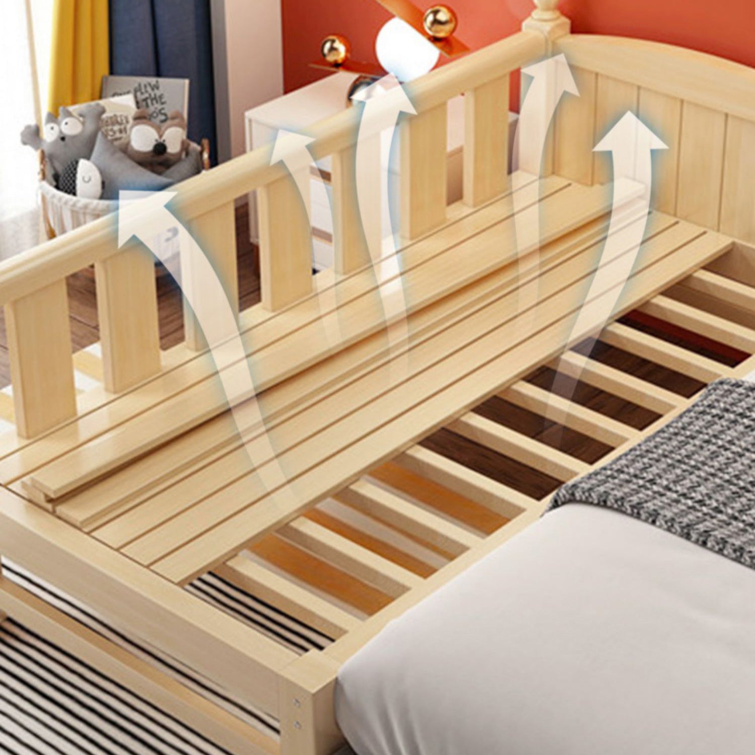 Solid Wood Washed Natural Nursery Bed Contemporary with Guardrail