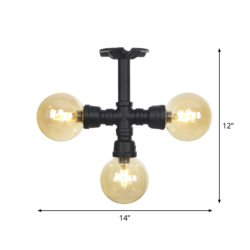 3/4 bulbes Semi-mont Lighting Corridor Corridor Flush Lampe With Globe Amber Glass Shade en noir