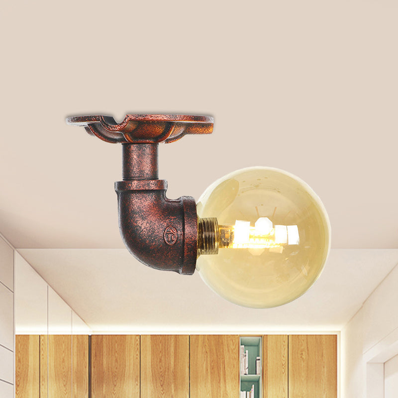 Antiqued Global Semi Flush Lighting 1 lamp amberkleurig glas LED dichtbij plafondlamp in koper