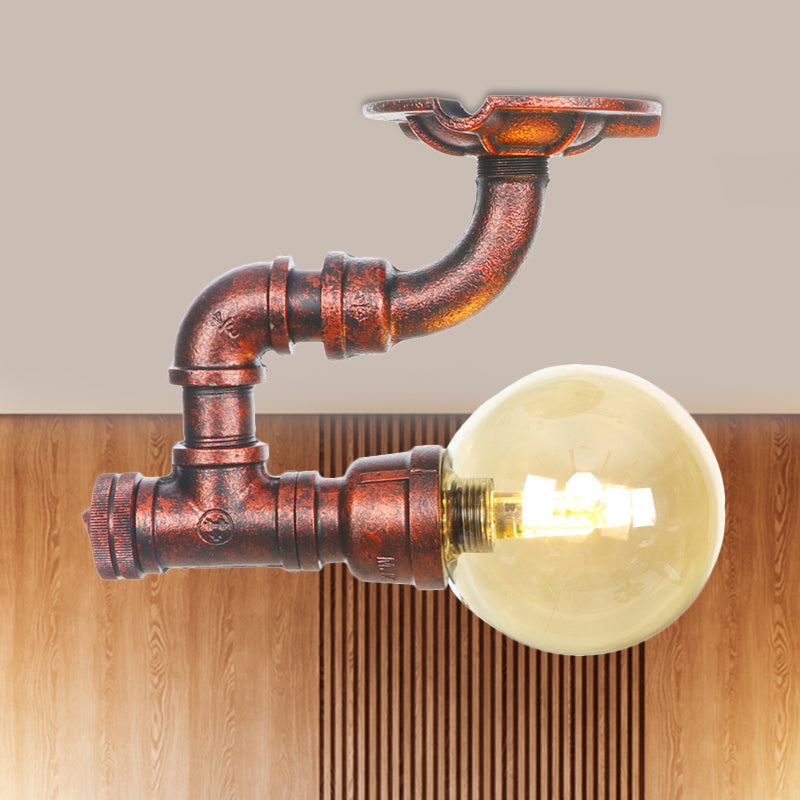 Antiqued Global Semi Flush Lighting 1 lamp amberkleurig glas LED dichtbij plafondlamp in koper