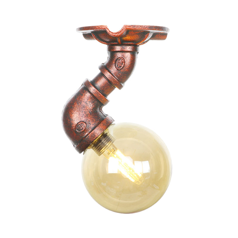 Antiqued Global Semi Flush Lighting 1 lamp amberkleurig glas LED dichtbij plafondlamp in koper