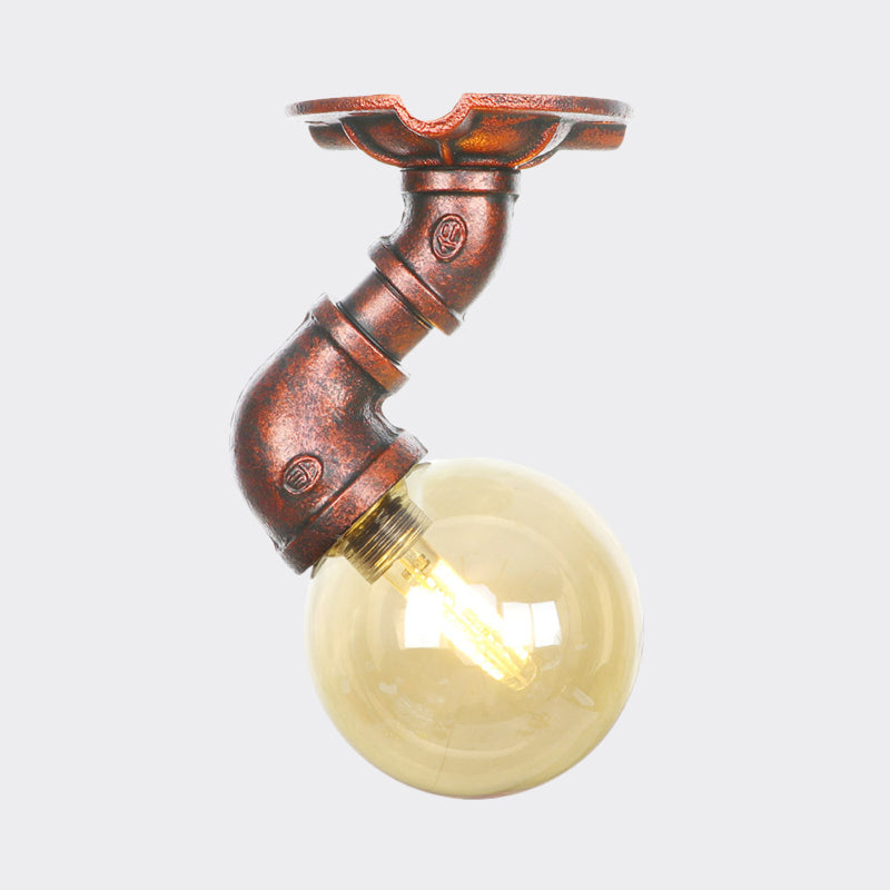 Antiqued Global Semi Flush Lighting 1 lamp amberkleurig glas LED dichtbij plafondlamp in koper