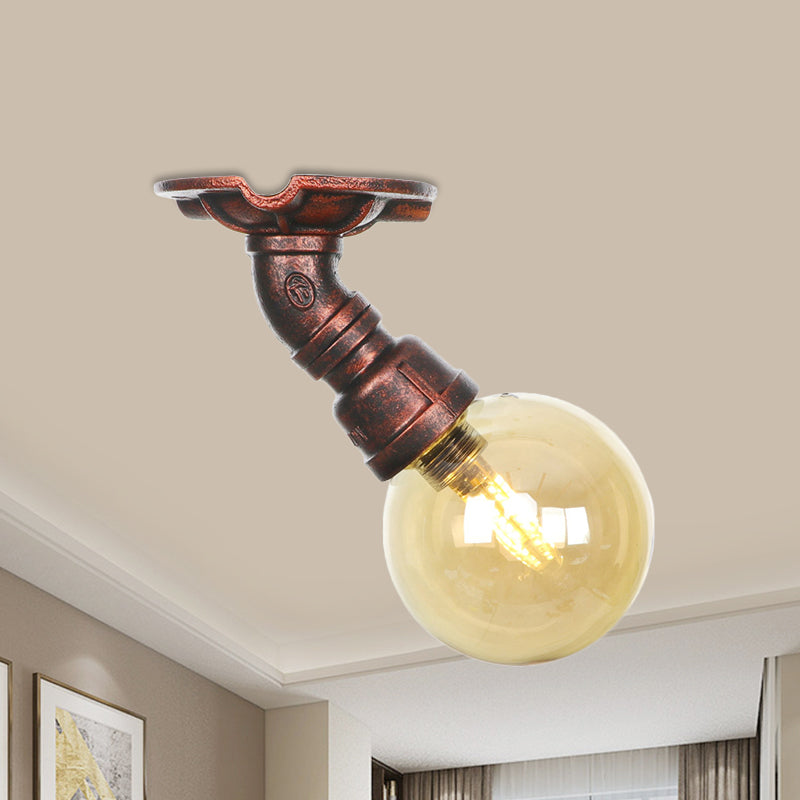 Copper Finish 1 Light Semi Flush Mount Vintage Amber Glass Orb Flush Ceiling Lamp Fixture