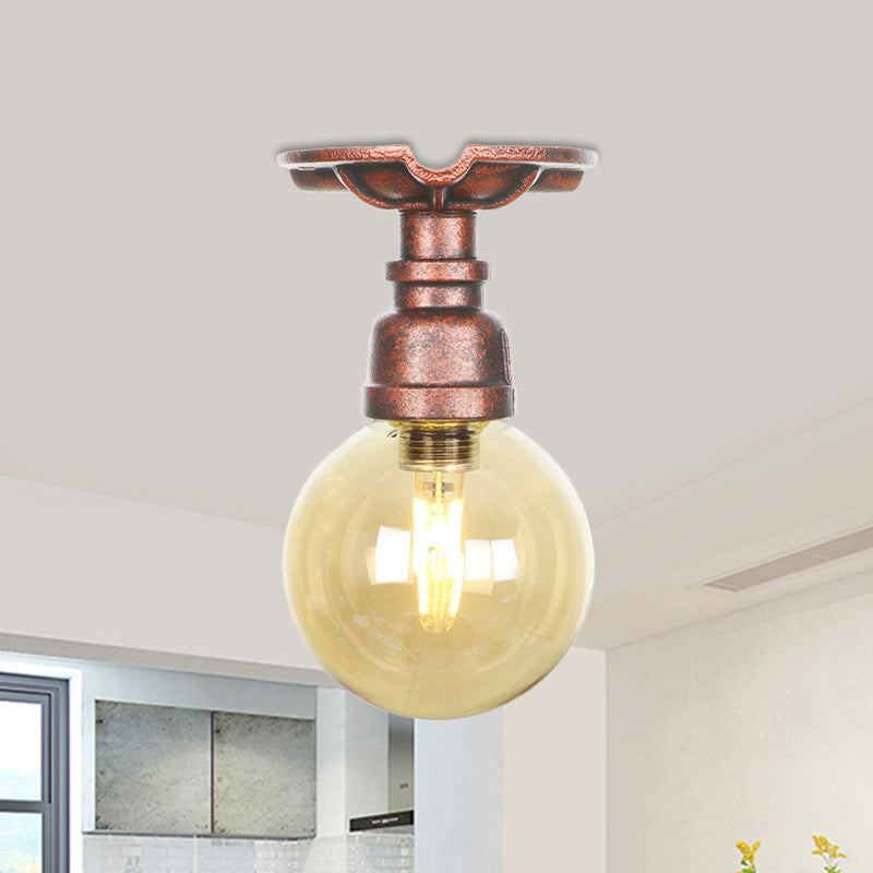 Copper Finish 1 Light Semi Flush Mount Vintage Amber Glass Orb Flush Ceiling Lamp Fixture