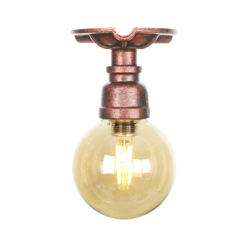 Copper Finish 1 Light Semi Flush Mount Vintage Amber Glass Orb Flush Ceiling Lamp Fixture