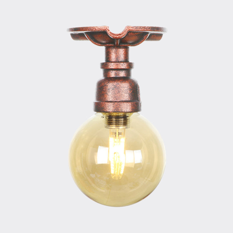 Copper Finish 1 Light Semi Flush Mount Vintage Amber Glass Orb Flush Ceiling Lamp Fixture