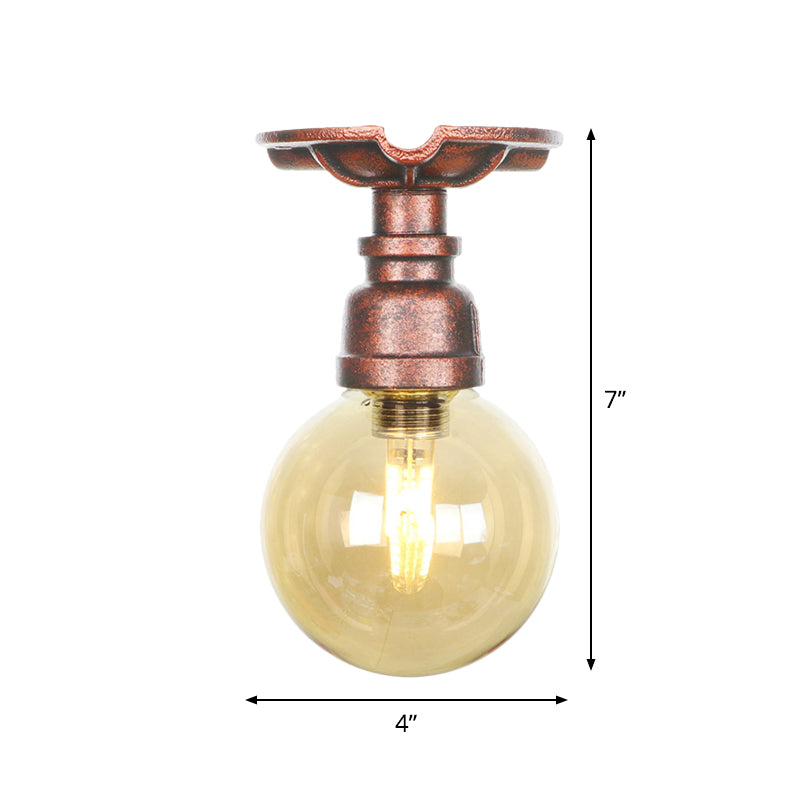 Copper Finish 1 Light Semi Flush Mount Vintage Amber Glass Orb Flush Ceiling Lamp Fixture