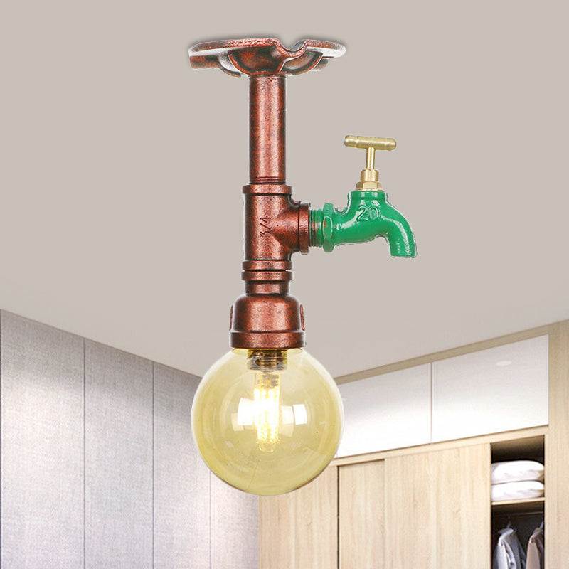 Copper Finish 1 Light Semi Flush Mount Vintage Amber Glass Orb Flush Ceiling Lamp Fixture