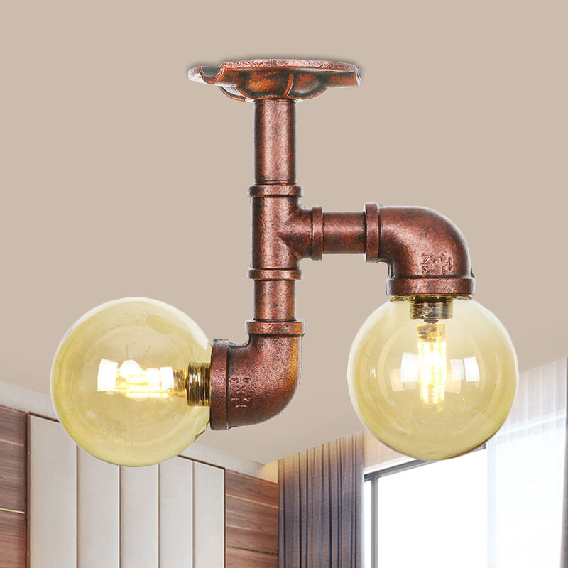 Orb Restaurant Semi Flush Light Fixture Rustic Amber Glass 2 Lights Copper Flush Lamp