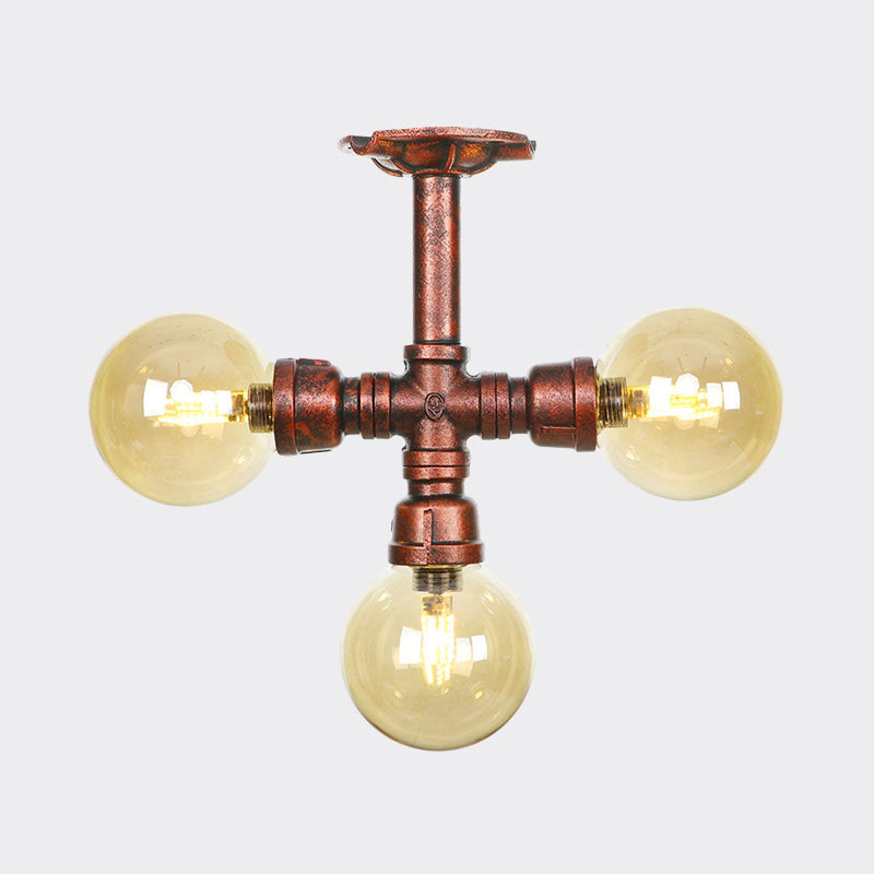 Bernsteinglas Kupfer halb Flush Light Kugel 3/4-Bulb Farmhouse LED-Decke montiert
