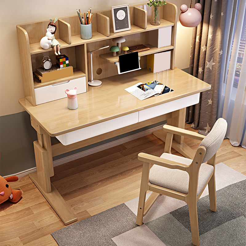 Adjustable Wooden Kids Desk with Hutch Natural Writing Desk and Chair Set with Drawer