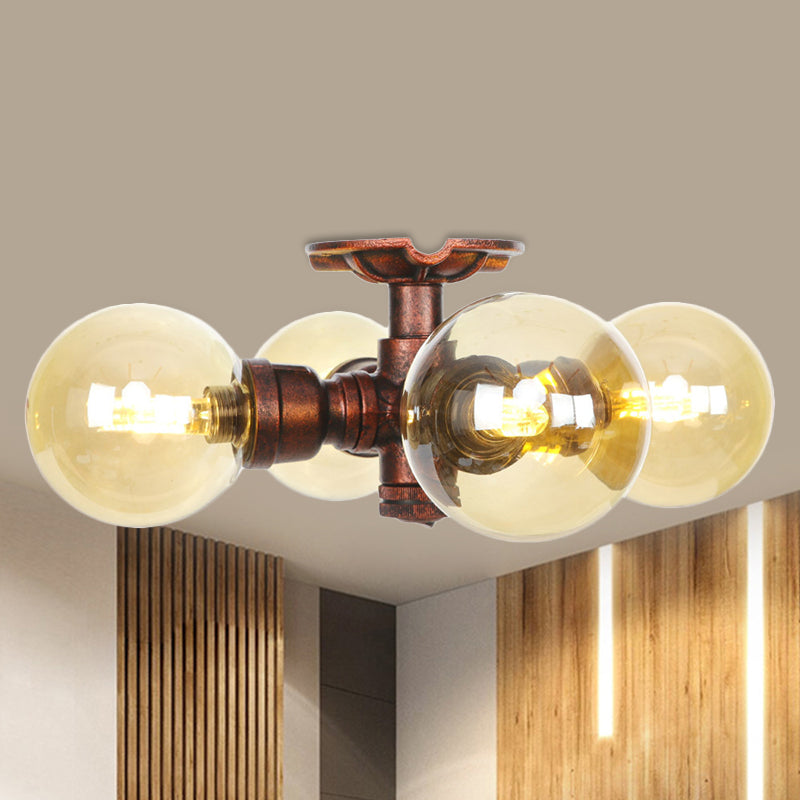 Bernsteinglas Kupfer halb Flush Light Kugel 3/4-Bulb Farmhouse LED-Decke montiert