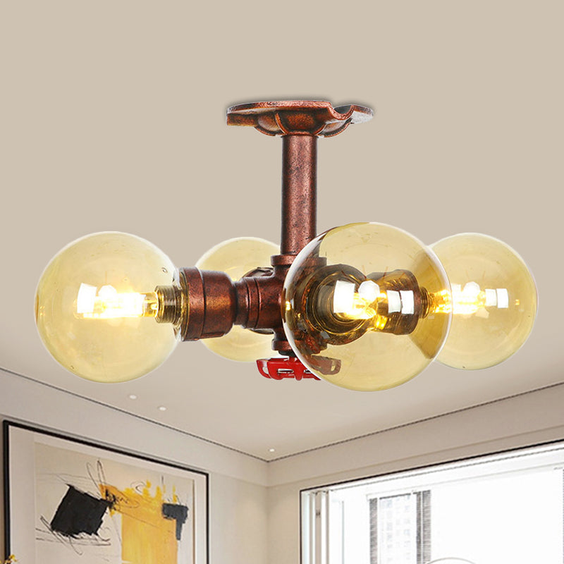 Bernsteinglas Kupfer halb Flush Light Kugel 3/4-Bulb Farmhouse LED-Decke montiert
