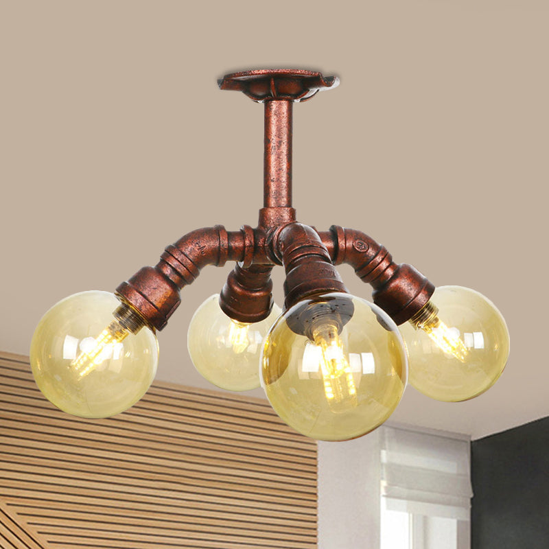 Farmhouse Global Semi Mount Lighting Luminaire encastré à LED en verre ambré à 4/5/6 lumières en cuivre