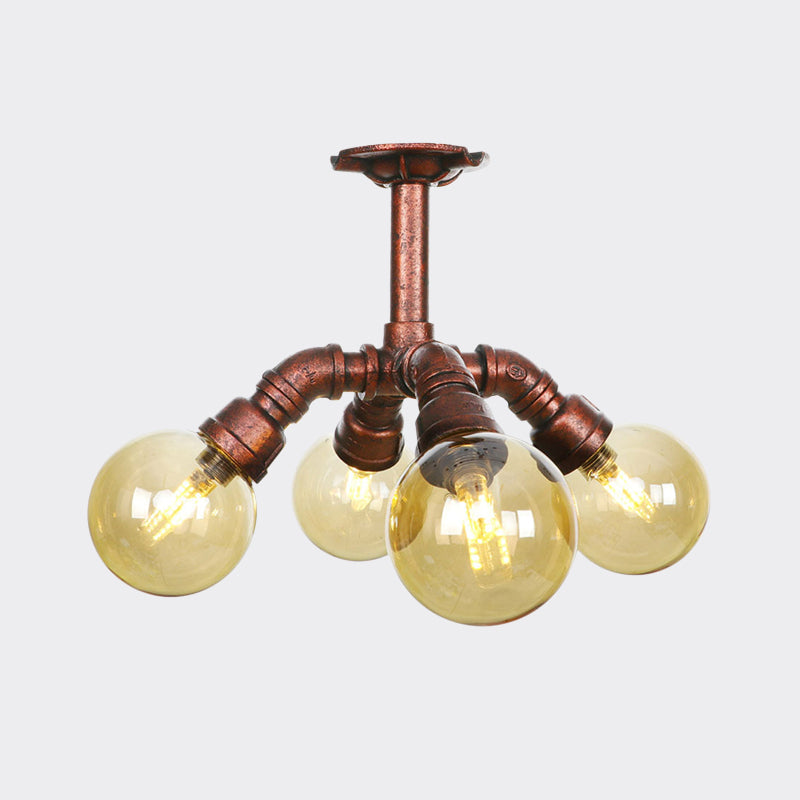 Farmhouse Global Semi Mount Lighting 4/5/6-Light Amber Glass LED Flush Lamp Fixture in Copper