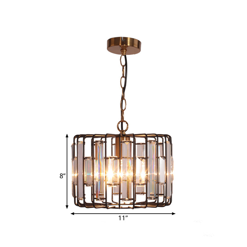 Crystal Embedded Brass Hanging Light Drum Cage 11"/13" Wide 1-Light Rustic Ceiling Pendant for Living Room