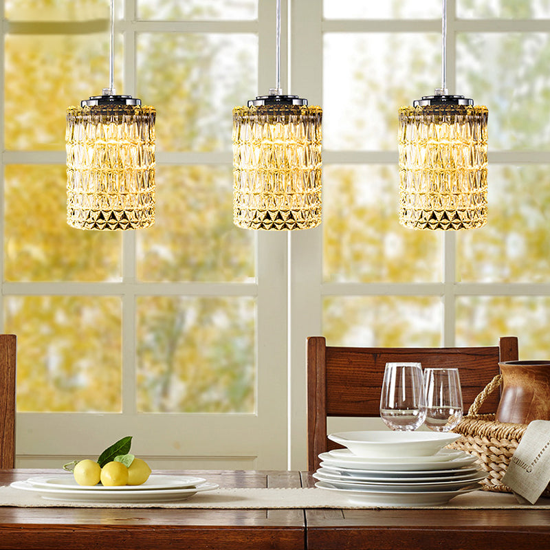 Crystal Prisms Cylinder Pendant Light Modernist 1 Head Restaurant Ceiling Lamp in Chrome