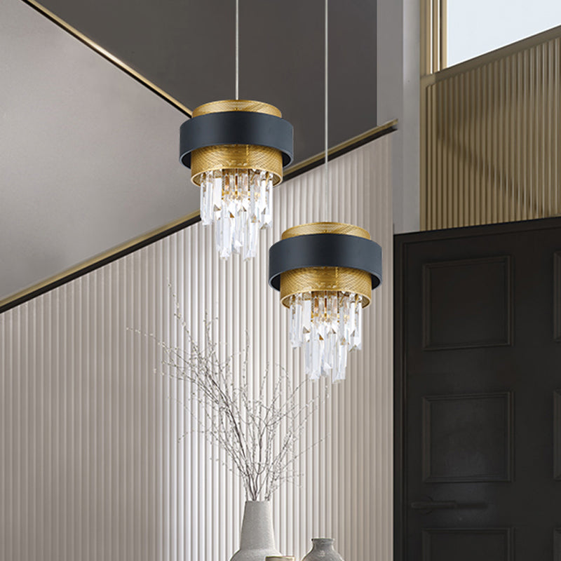Retro Layered Hanging Lamp 1 Bulb Crystal Rod Suspension Lighting with Black and Gold Circle Guard