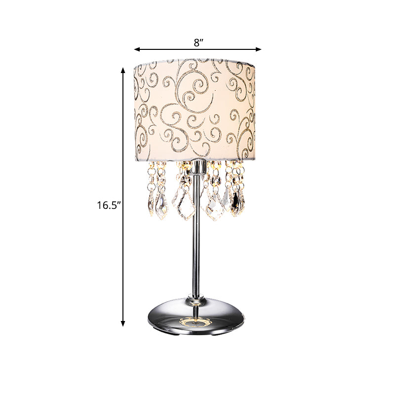 Lámpara nocturna de tela cilíndrica con estilo moderno de la mesa de dormitorio de 1 luz en níquel con patrón de remolino y cortina de cristal