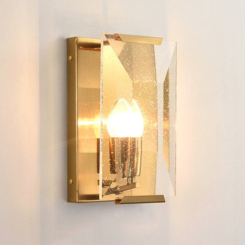 Mid Century Rectangle Wall Sconce 1-Light Metal Wall Mounted Fixture in Brass with Trapezoid Clear/Seedy Crystal Shield