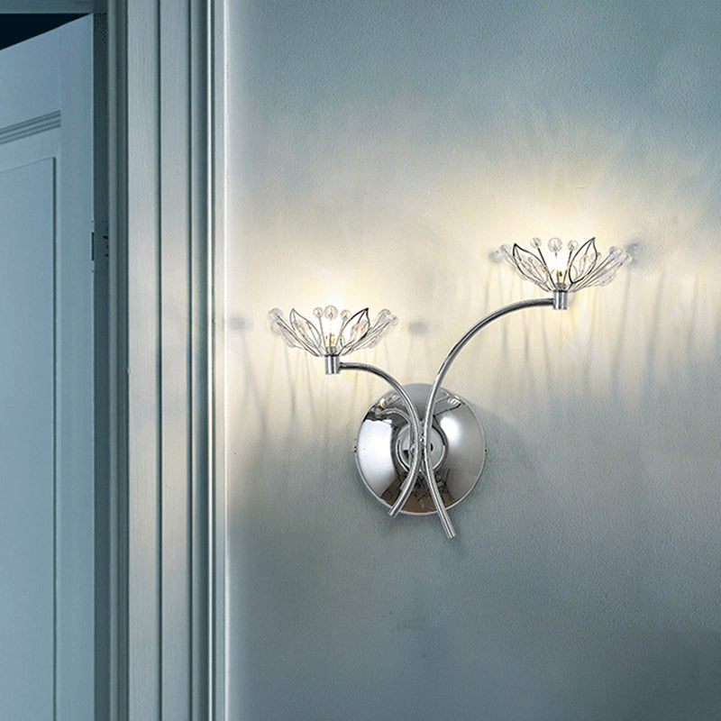 Chrome Flower Wall Mounted Lamp Modern Iron 2 Bulbs Bedside Sconce with Crystal Stamen