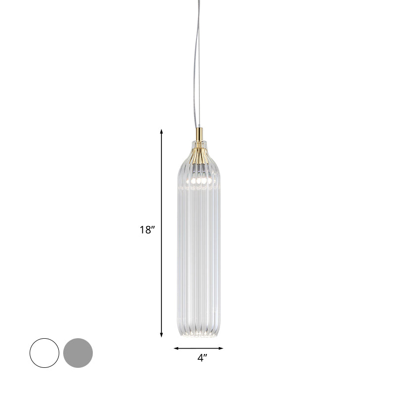 Cylinder Hanging Lighting Vintage Clear/Light Grey Ribbed Glass 1 Light Dining Room LED Pendant Lamp