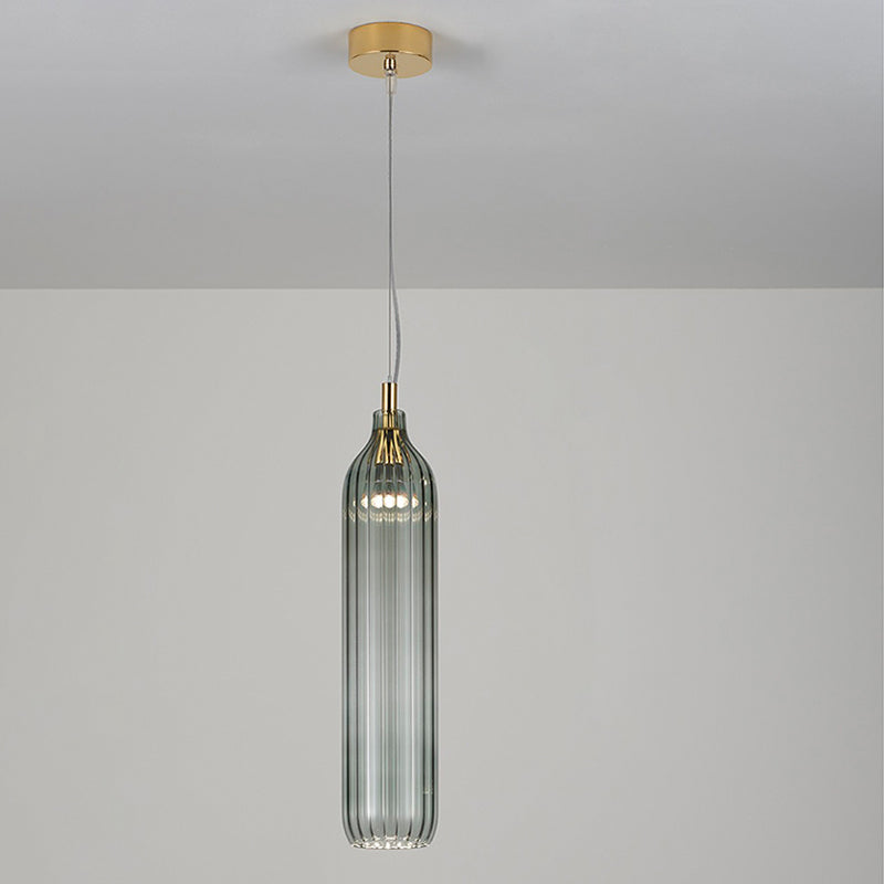 Cylinder Hanging Lighting Vintage Clear/Light Grey Ribbed Glass 1 Light Dining Room LED Pendant Lamp