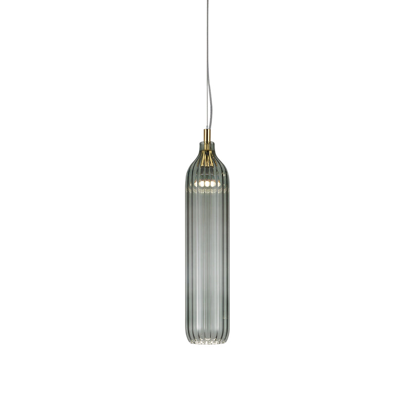 Cylinder Hanging Lighting Vintage Clear/Light Grey Ribbed Glass 1 Light Dining Room LED Pendant Lamp