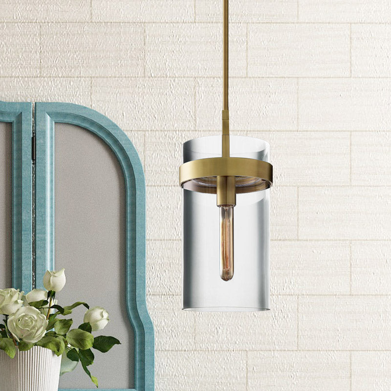 Brass Cylinder Ceiling Pendant Light Postmodern 1 Light Clear Glass Hanging Lamp Kit