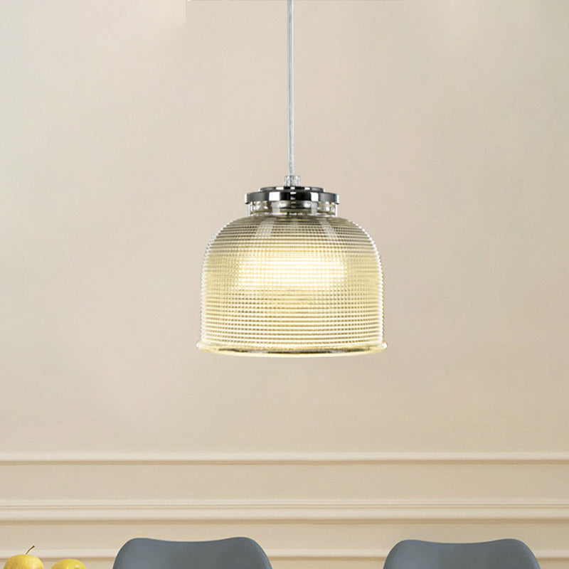 Latticed Glass Bowl Drop Pendant Light Modernist 1 Head Chrome Hanging Ceiling Lamp over Table