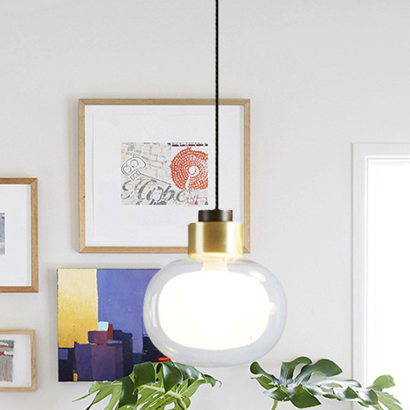 Modern 1 Bulb LED Hanging Light with Clear Glass Shade Brass Oblong Suspension Lamp