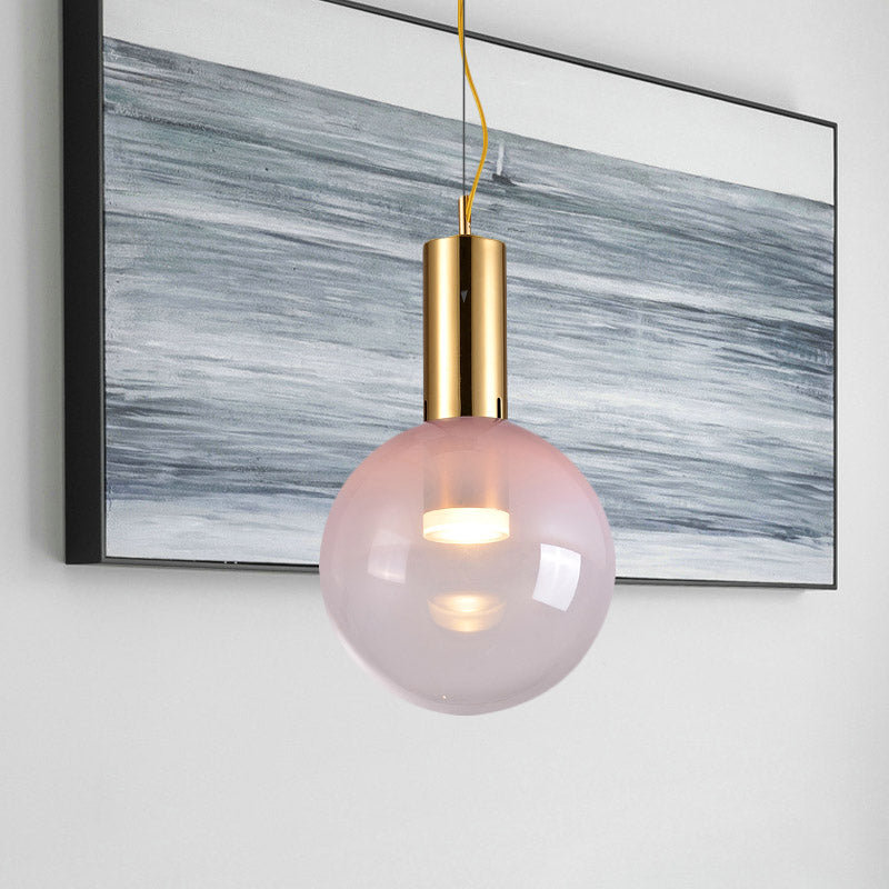 Gradient Pink Glass Ball Suspension Light Contemporary 1-Head Ceiling Hang Fixture in Gold