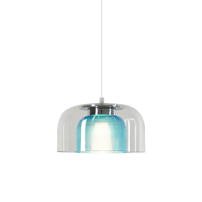 Bowl Restaurant Drop Pendant Light Clear and Blue Latticed Glass 1 Light Modernism Suspension Lamp