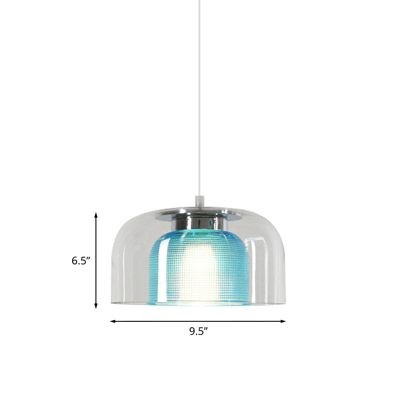 Bowl Restaurant Drop Pendant Light Clear and Blue Latticed Glass 1 Light Modernism Suspension Lamp