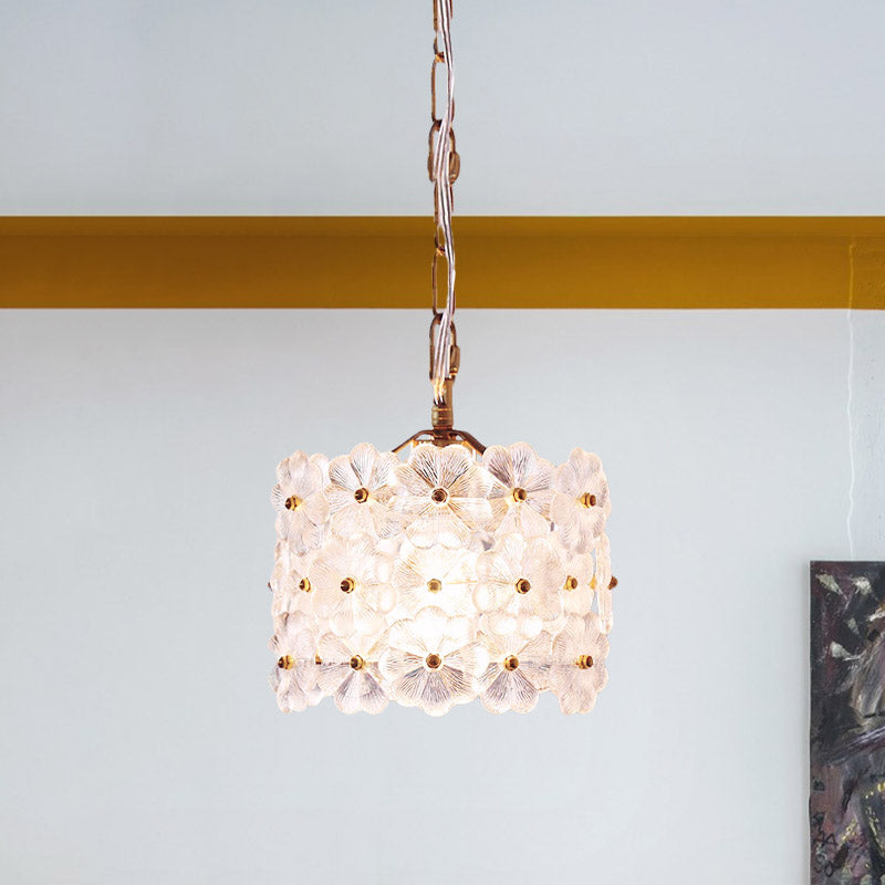 Drum White Floral Glass Hanging Light Kit Contemporary 1-Light Brass Ceiling Pendant Lamp