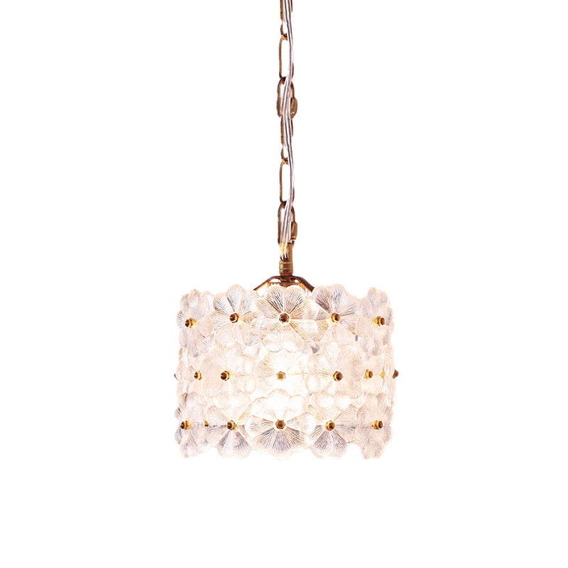 Drum White Floral Glass Hanging Light Kit Contemporary 1-Light Brass Ceiling Pendant Lamp