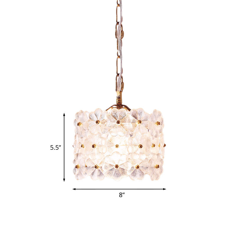 Drum White Floral Glass Hanging Light Kit Contemporary 1-Light Brass Ceiling Pendant Lamp