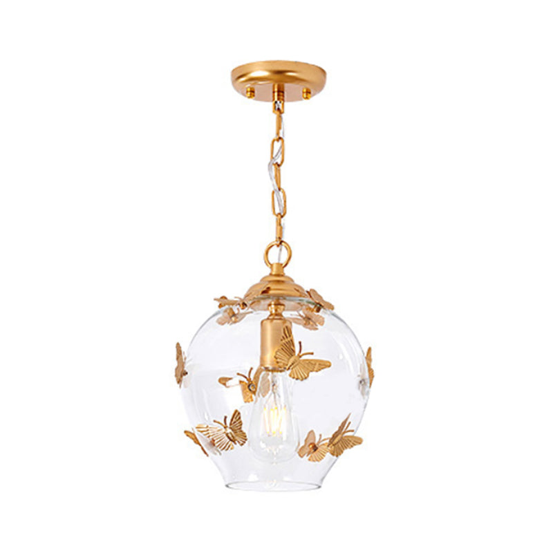 Contemporary Bud Drop Pendant Light Clear Glass 1-Light Bedroom Suspension Lamp with Butterfly Deco