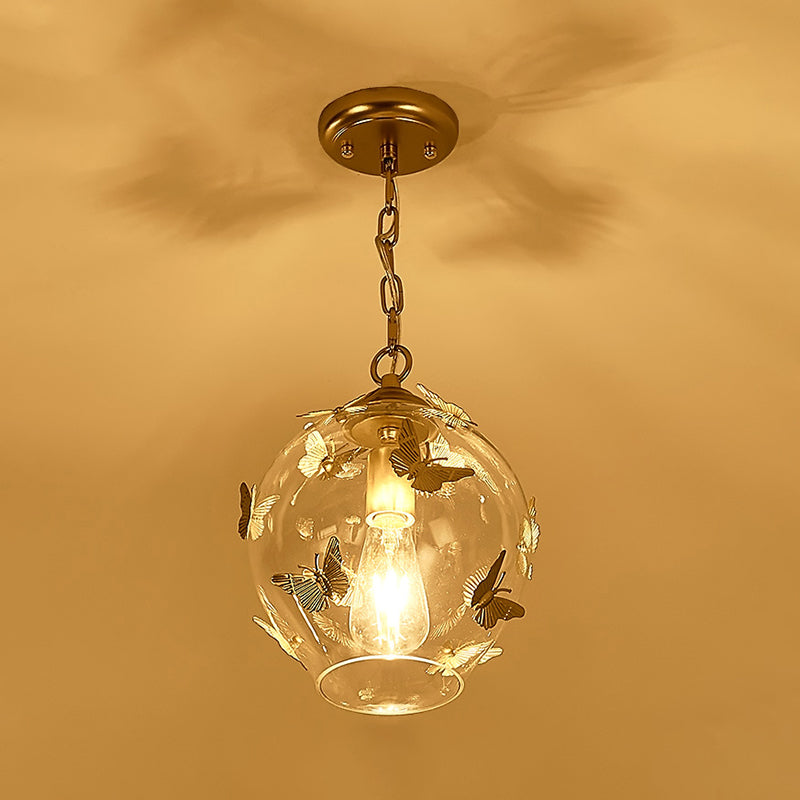 Contemporary Bud Drop Pendant Light Clear Glass 1-Light Bedroom Suspension Lamp with Butterfly Deco