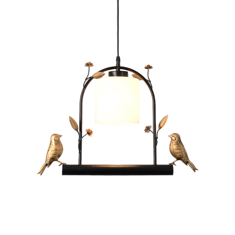 Birdcage Ceiling Light Modernist Metal 1-Head Black and Gold Hanging Pendant with Cylinder Cream Glass Shade and Bird Decor