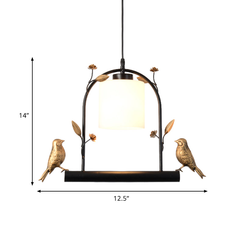 Birdcage Ceiling Light Modernist Metal 1-Head Black and Gold Hanging Pendant with Cylinder Cream Glass Shade and Bird Decor