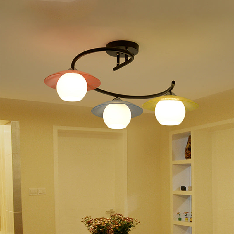 Saucer Semi Flush Light Modernist Red-Yellow-Blue Glass 3 Heads Black Spiral Flush Mount Lamp with Global Shade