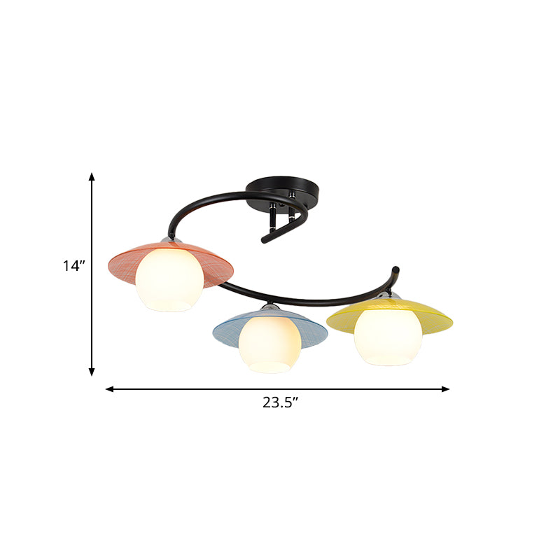 Saucer Semi Flush Light Modernist Red-Yellow-Blue Glass 3 Heads Black Spiral Flush Mount Lamp with Global Shade