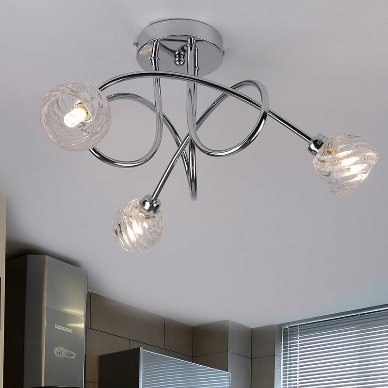 Modernism Pineapple Semi Mount Lighting Clear Glass 3 Lights Bedroom LED Close to Ceiling Lamp with Chrome Twisted Arm
