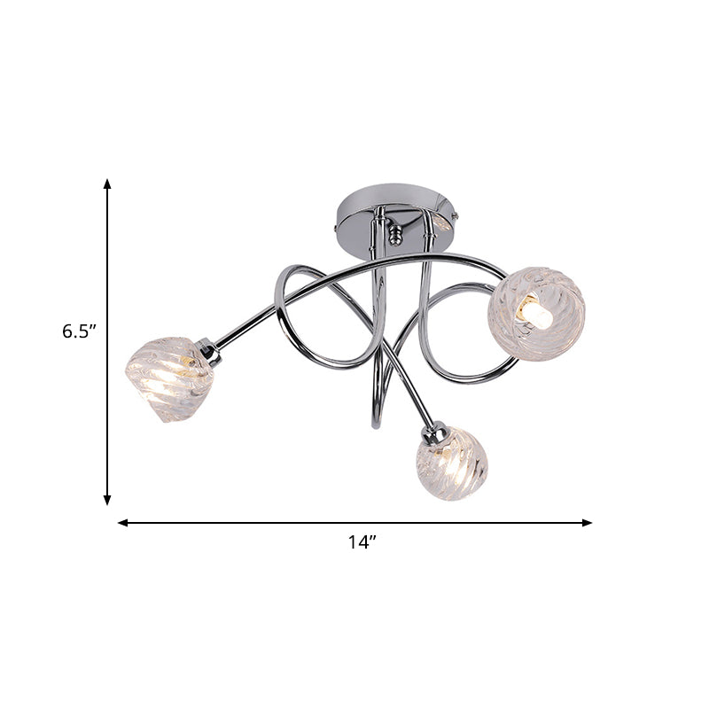 Modernism Pineapple Semi Mount Lighting Clear Glass 3 Lights Bedroom LED Close to Ceiling Lamp with Chrome Twisted Arm